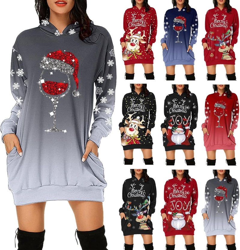 woobles Hoodie Dress, Womens Hoodie Dress Christmas Pattern Print Polyester Casual for Shopping - Image 1